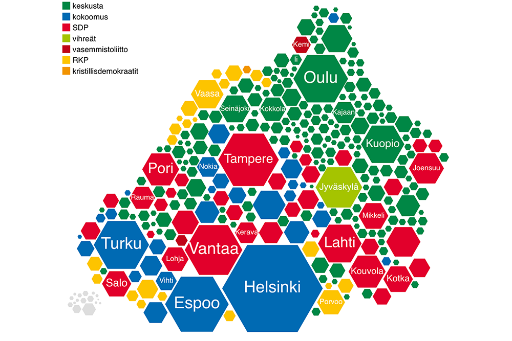 Detail of a cartogram depicting the results of the Finnish 2017 municipal election