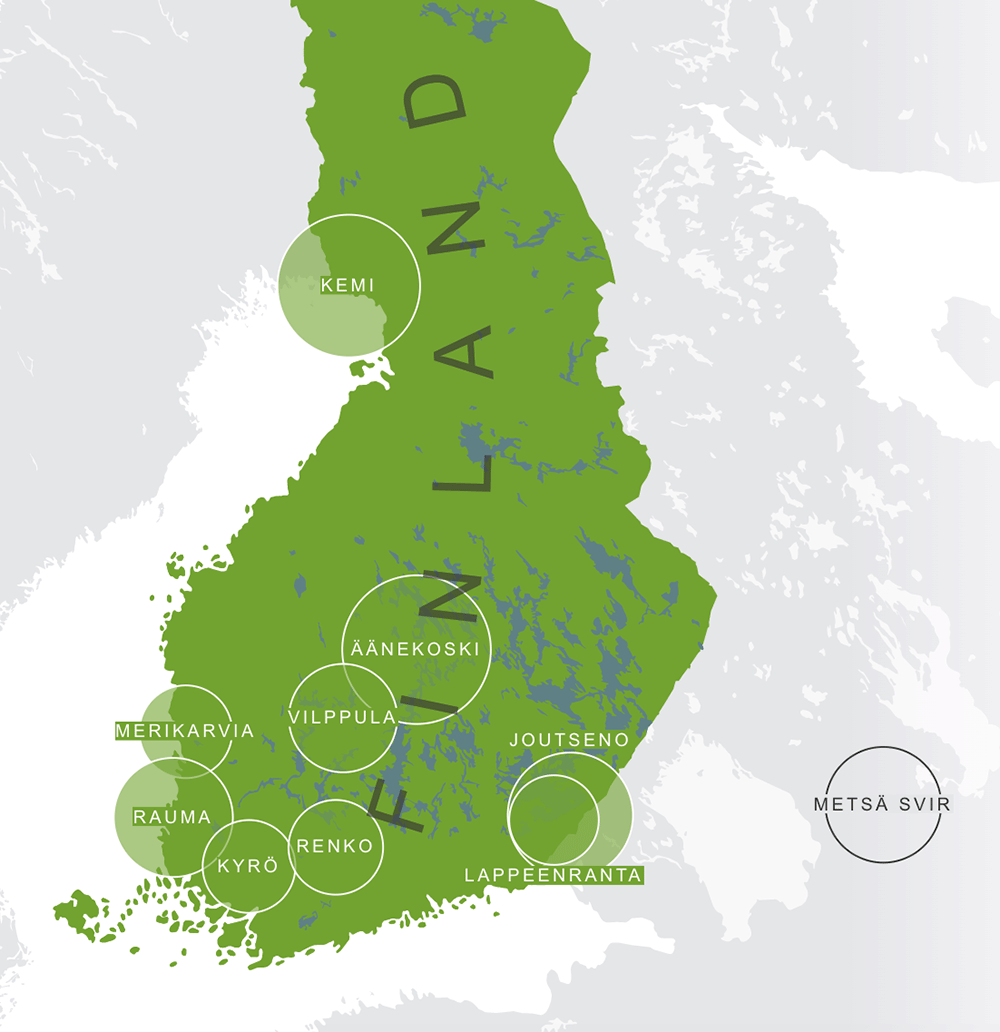 Map of Finland in green showing Metsä Fibre locations as circles of different sizes.