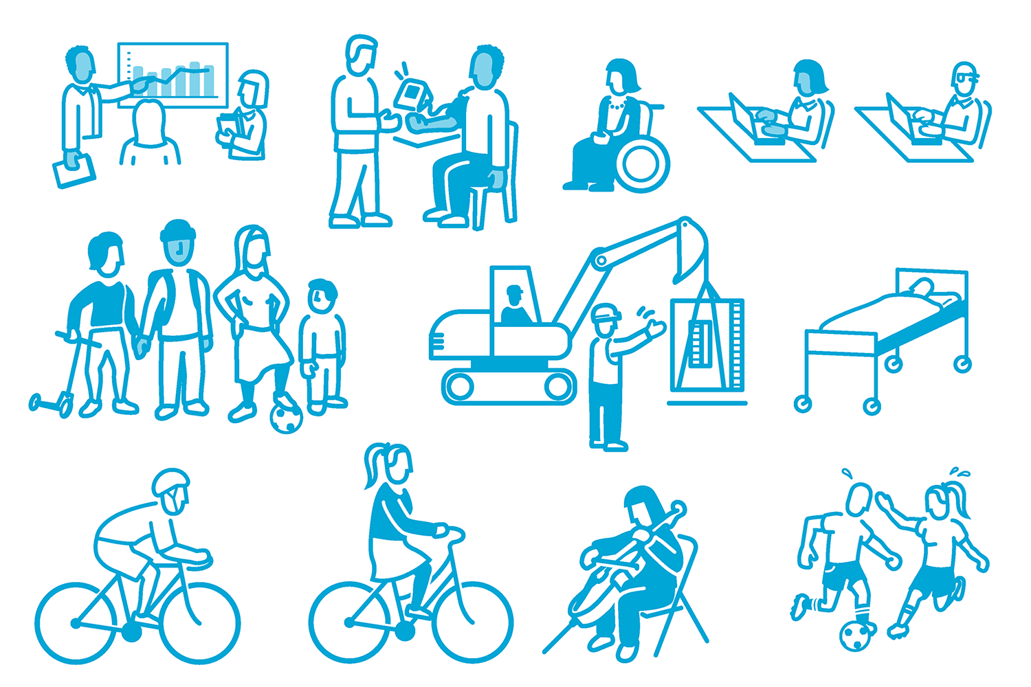 Various examples of pictograms depicting people in different activities and environments.
